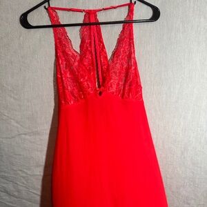 VICTORIAS SECRET Cami M Sheer Lace Slip Babydoll Lingerie Mini Dress Red